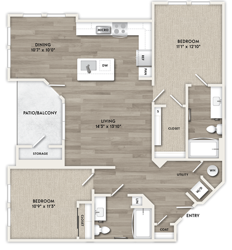 Floor plan for 2 beds, 2 baths, 1186 sqft